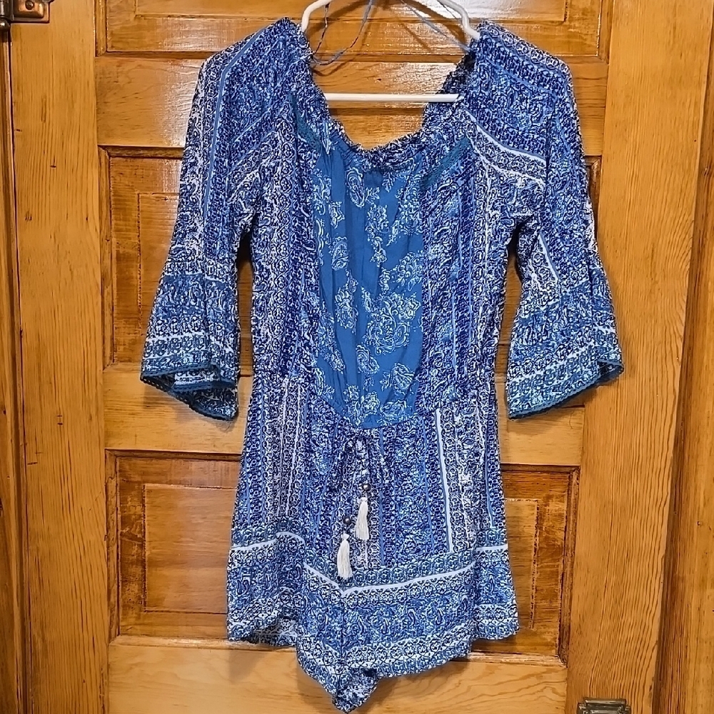 Angie Blue 3/4 Sleeve Boho Romper M